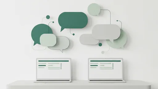 Illustration: an office corner with a desk, two laptops and speech bubbles floating by a wall
